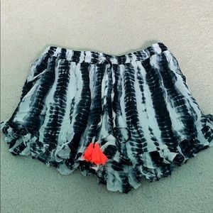 Blue Tie Dye flowy shorts with neon tassels!